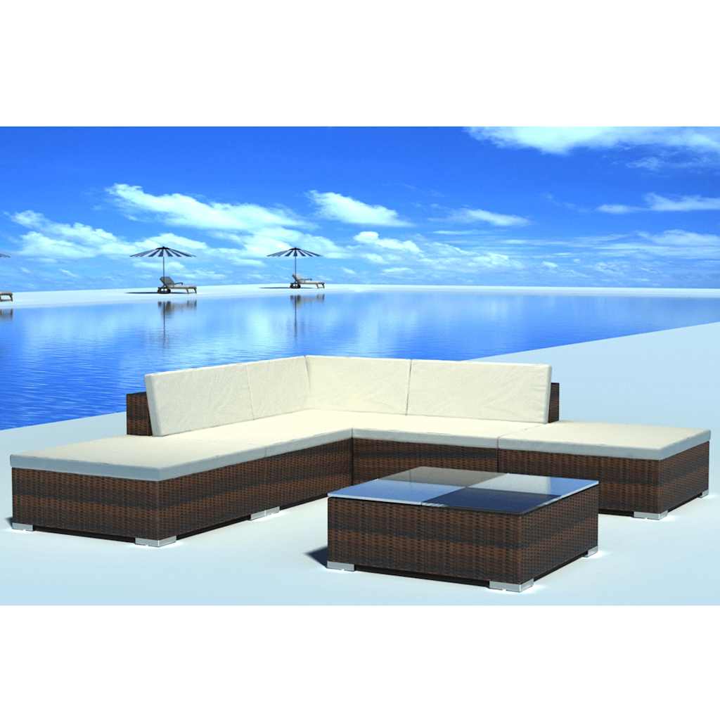 6 Pcs conjunto lounge jardim c/ almofadões vime PE castanho