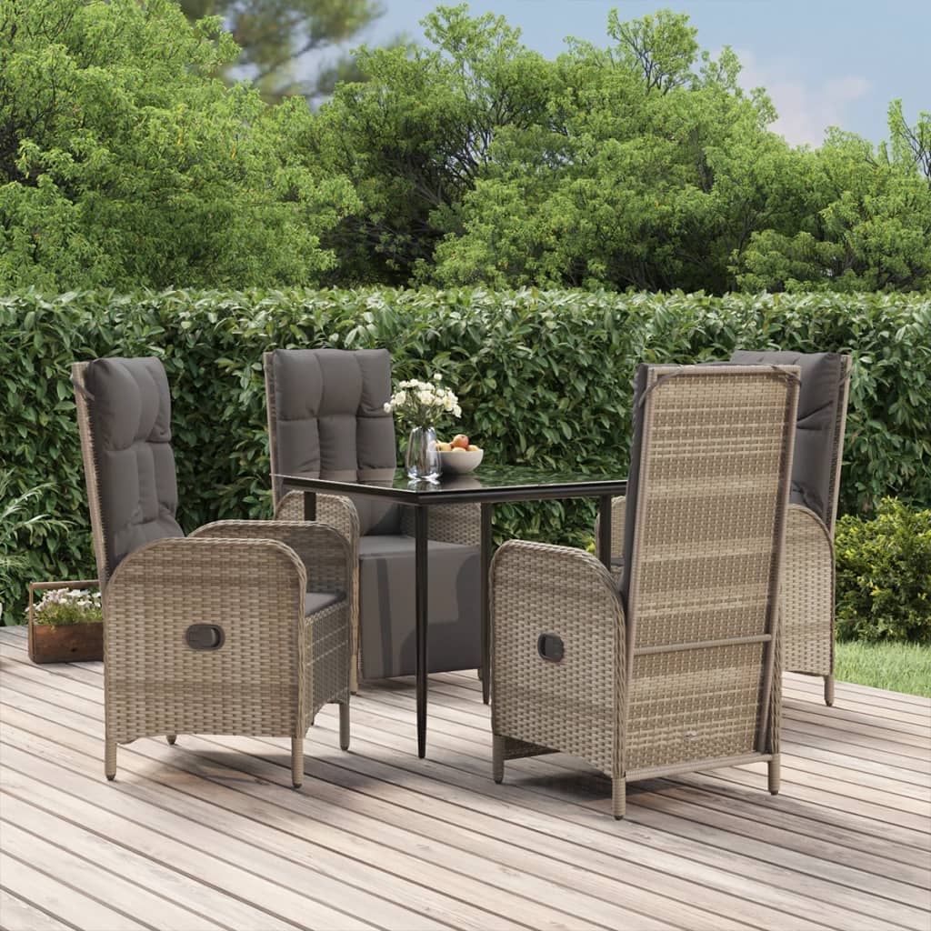 5 Pcs conjunto jantar jardim c/ almofadões vime PE preto/cinza