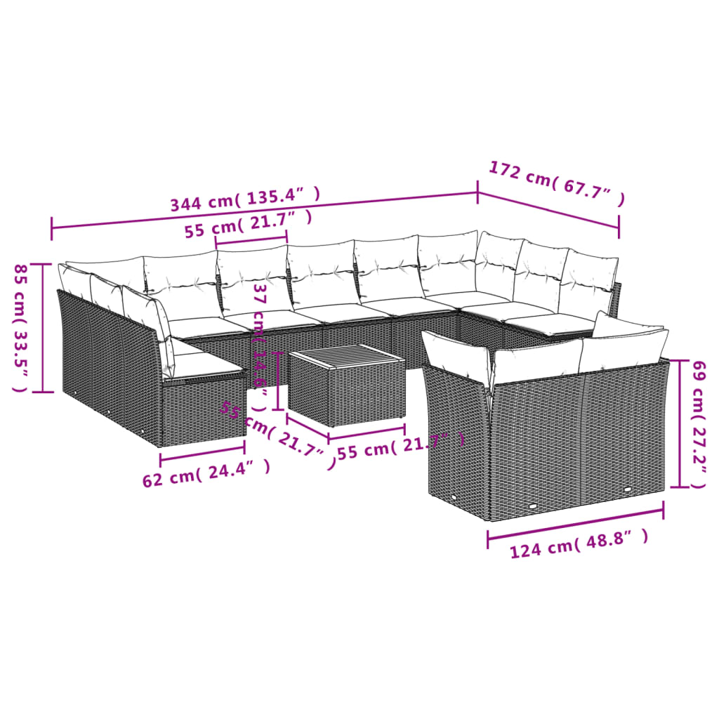 13 Pcs conjunto de sofás de jardim com almofadões vime PE preto