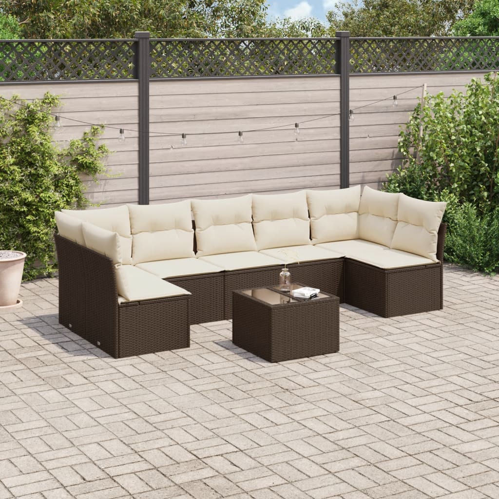 8 Pcs conjunto sofás de jardim c/ almofadões vime PE castanho