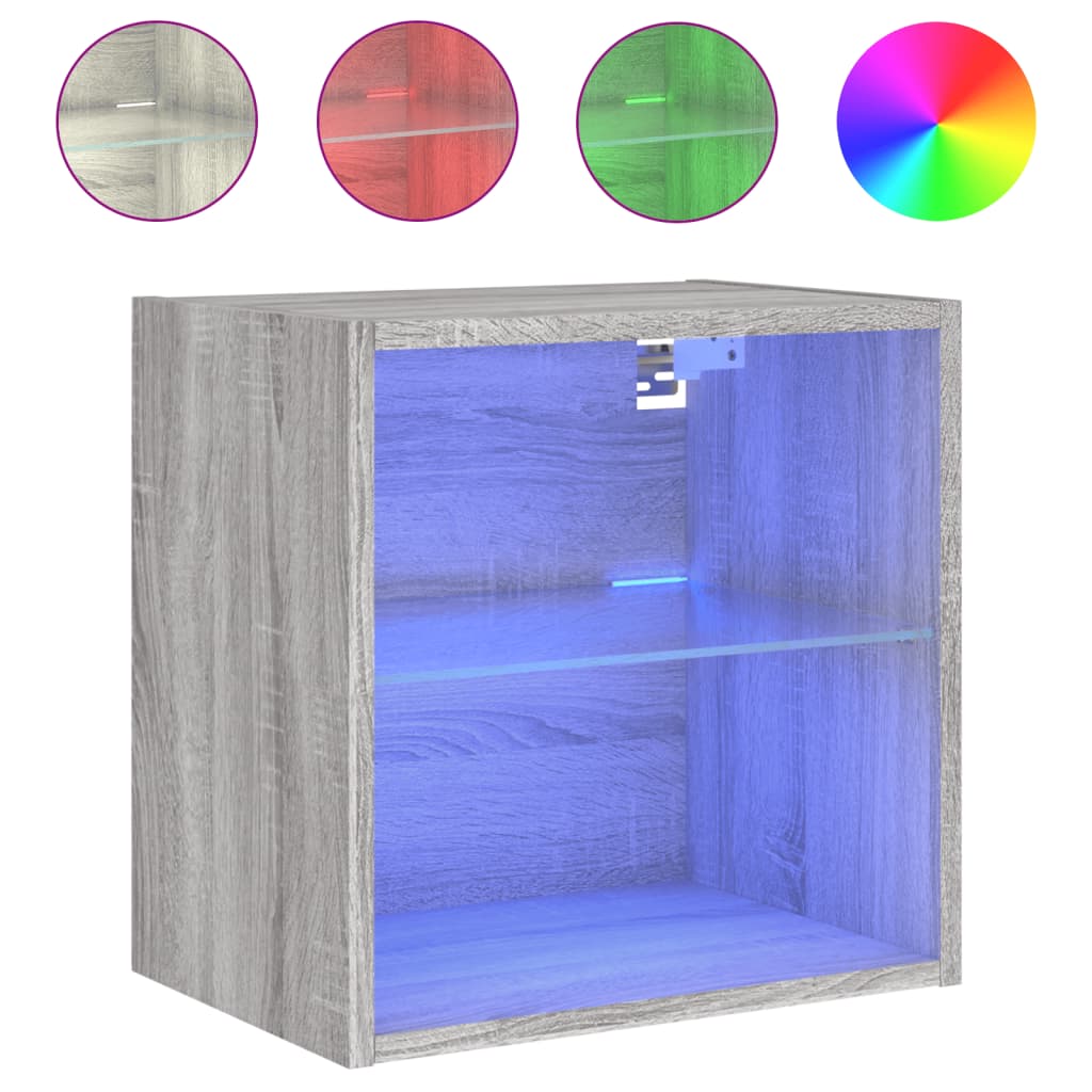 Mesa de cabeceira de parede com luzes LED cinzento sonoma