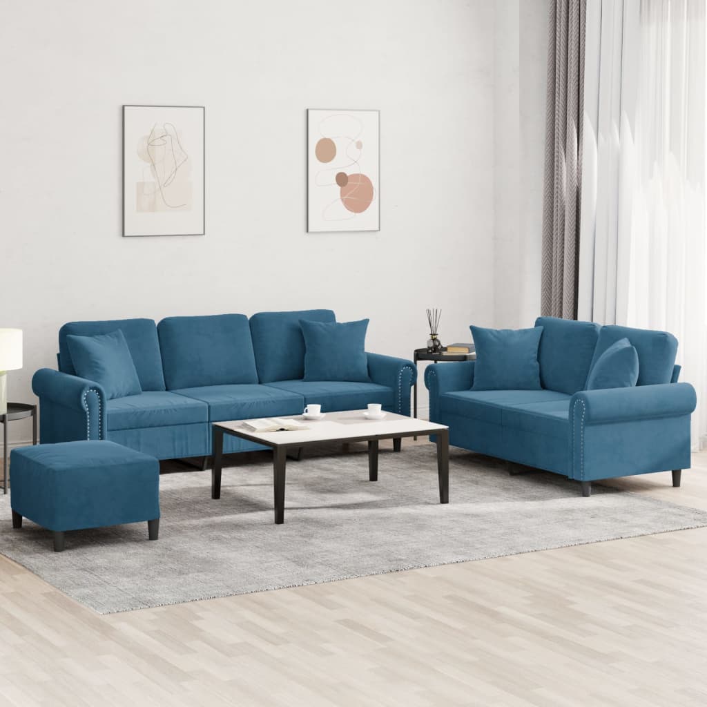 3 Pcs conjunto de sofás com almofadas veludo azul
