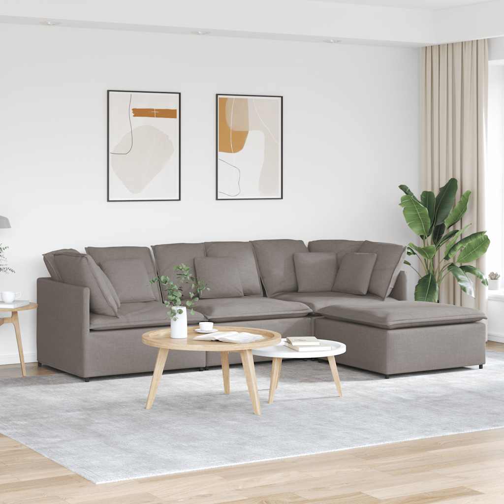 Sofá modular com pufes e almofadas tecido cinzento-acastanhado
