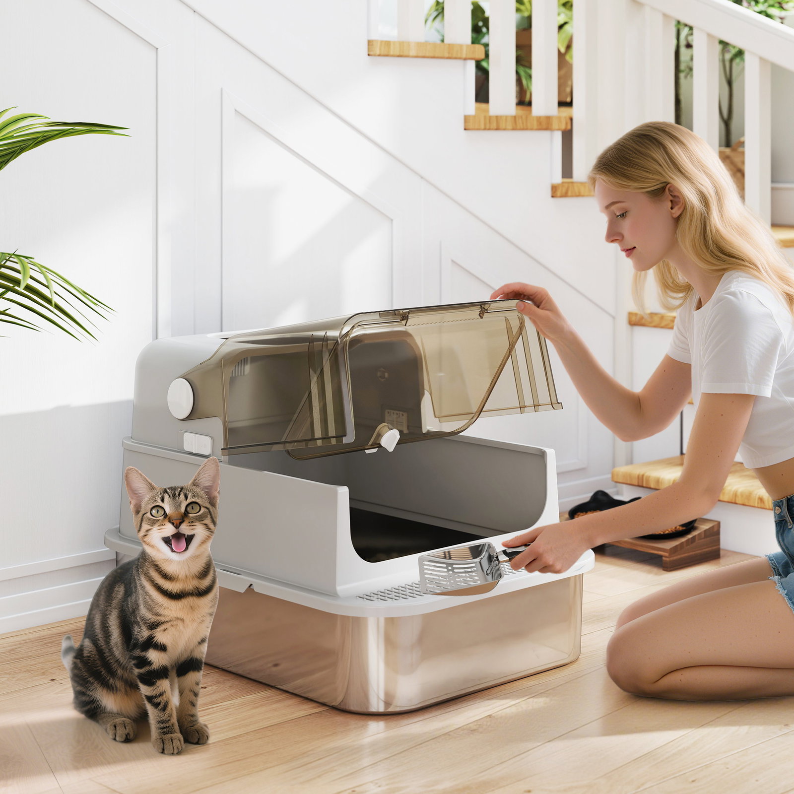 Caixa de areia para gatos em aço inoxidável para gatos grandes com tampa basculante laterais altas 70x50x46,5 cm cinzento