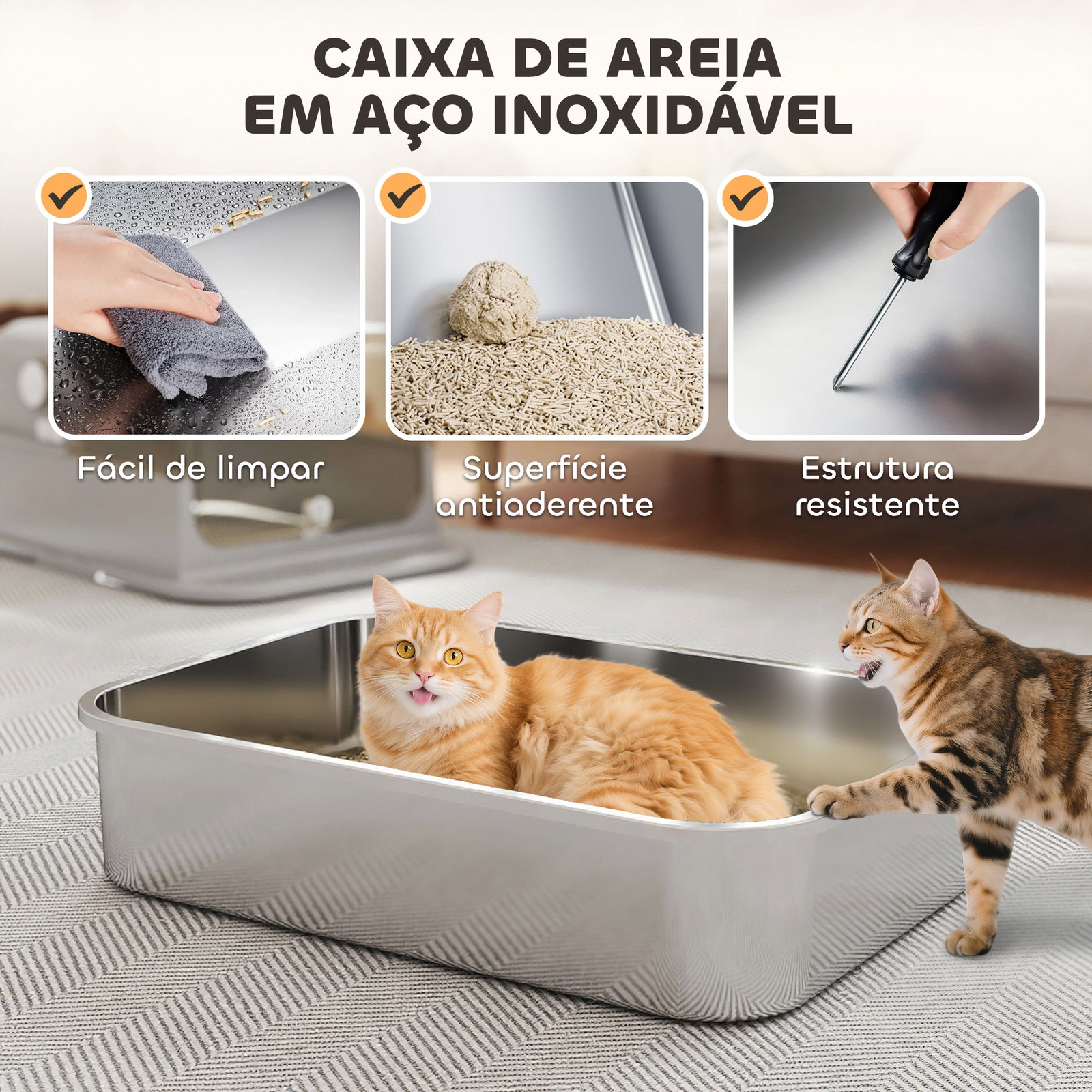 Caixa de areia para gatos em aço inoxidável para gatos grandes com tampa basculante laterais altas 70x50x46,5 cm cinzento