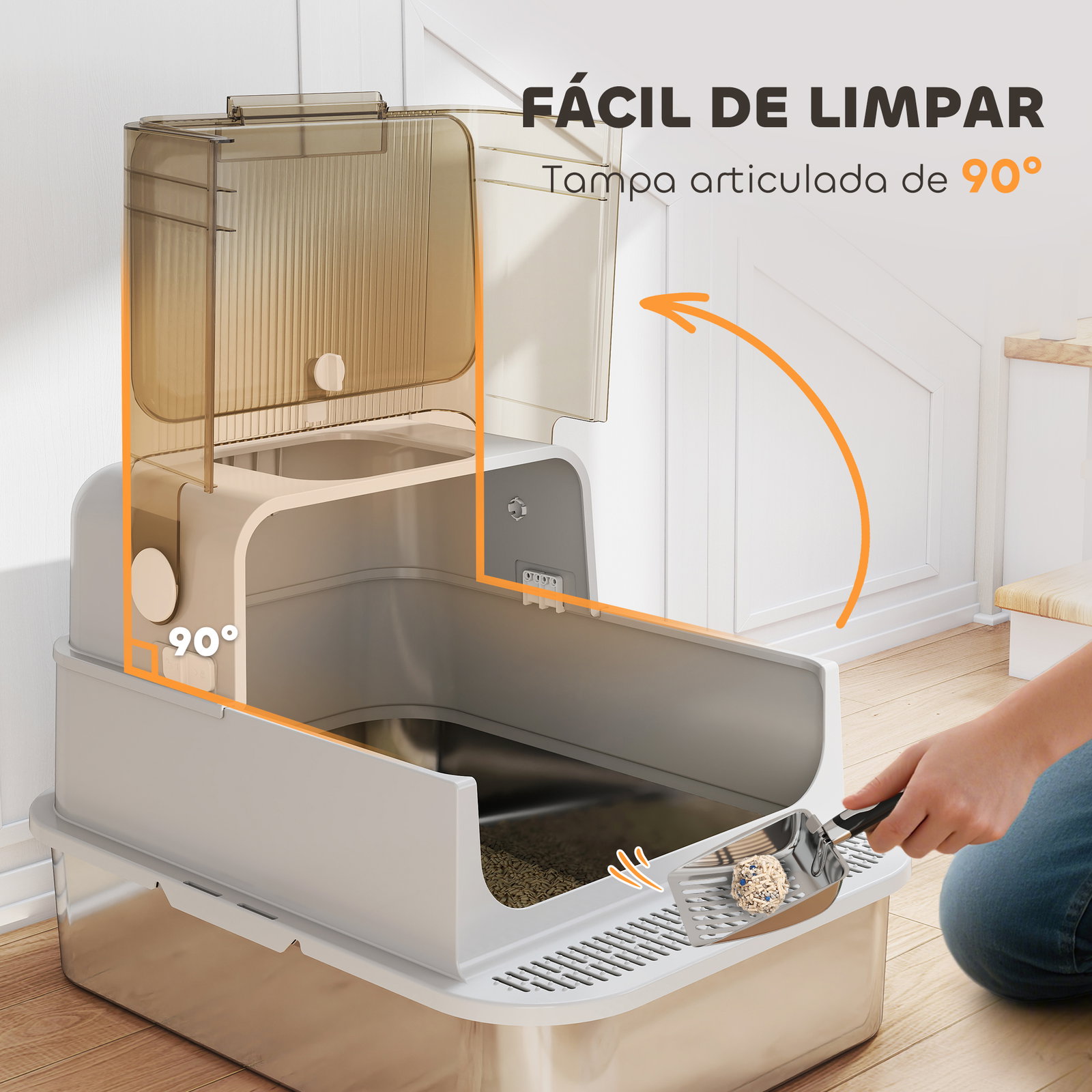Caixa de areia para gatos em aço inoxidável para gatos grandes com tampa basculante laterais altas 70x50x46,5 cm cinzento