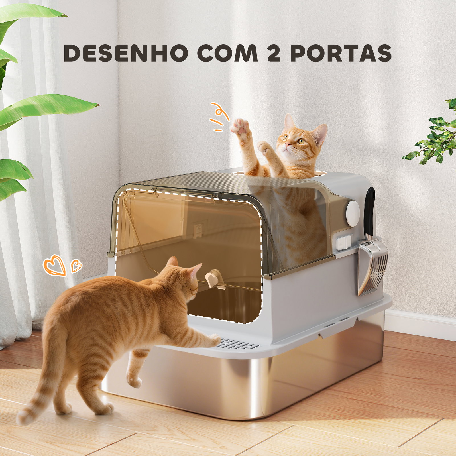 Caixa de areia para gatos em aço inoxidável para gatos grandes com tampa basculante laterais altas 70x50x46,5 cm cinzento