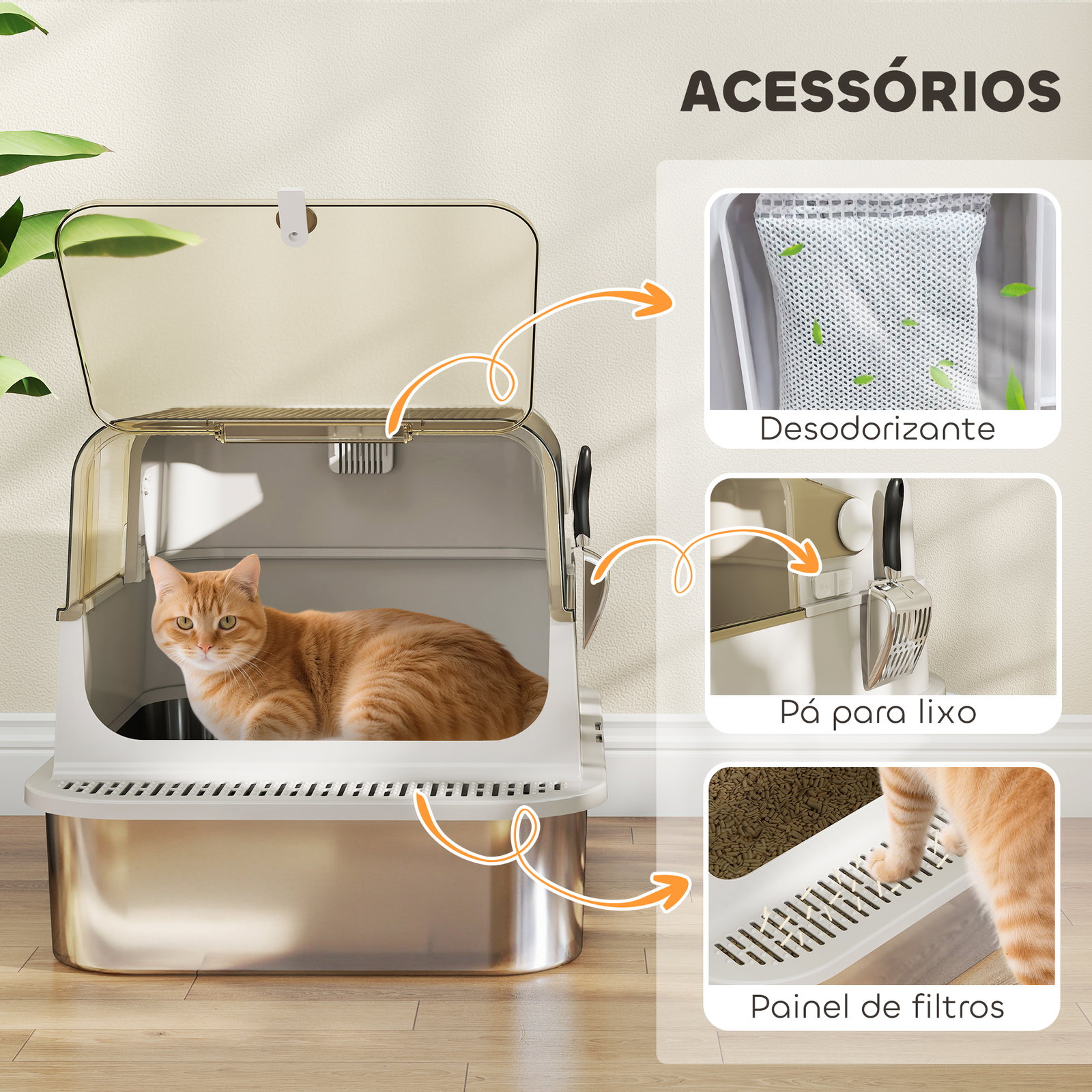 Caixa de areia para gatos em aço inoxidável para gatos grandes com tampa basculante laterais altas 70x50x46,5 cm cinzento
