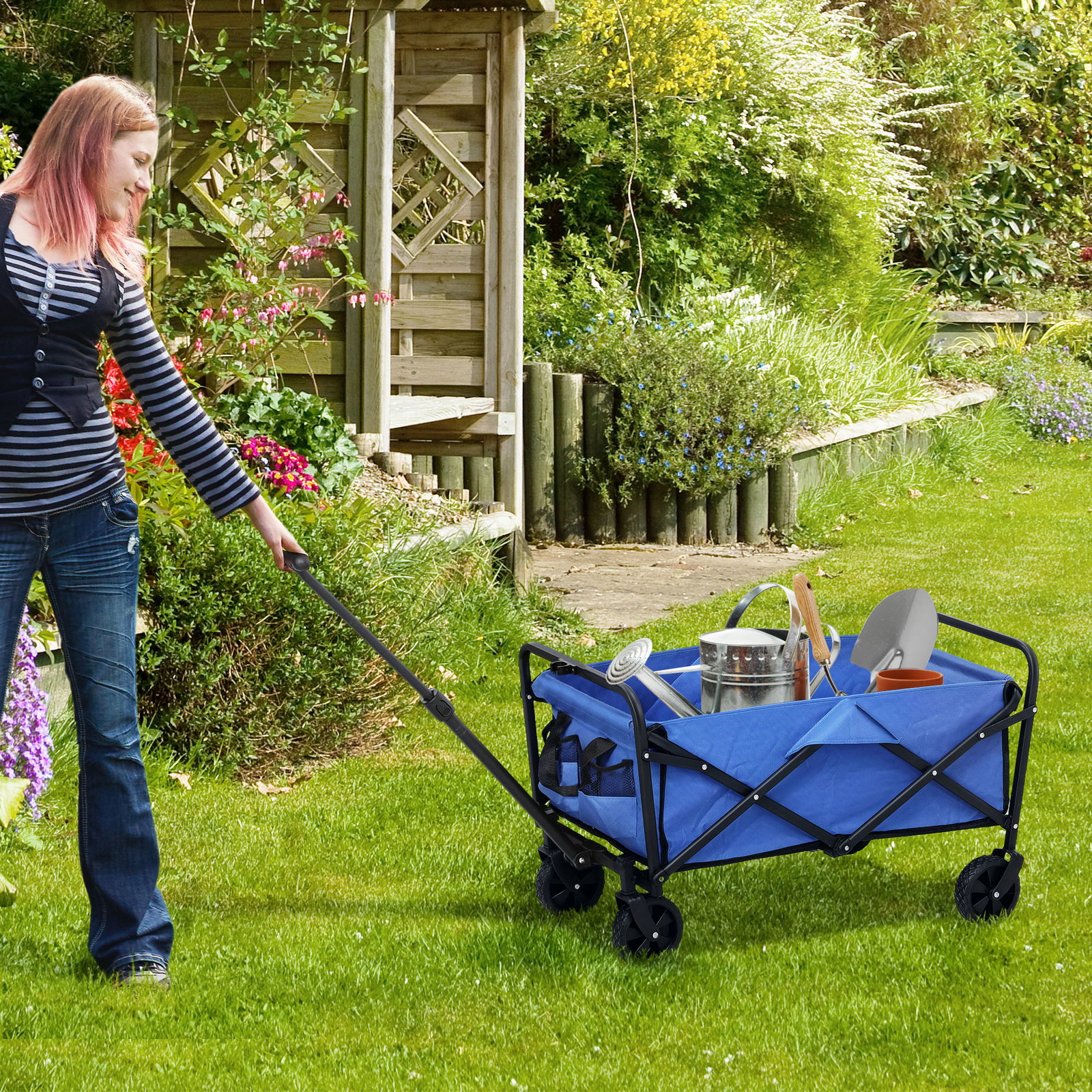 Carrinho de transporte com rodas carrinho de jardim dobrável com pega telescópica ajustável 2 bolsas de arrumação 64x42x27 cm azul