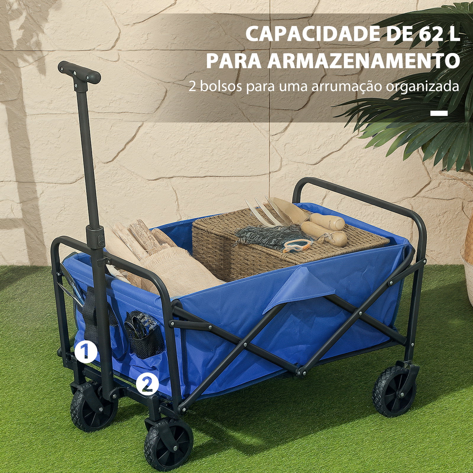 Carrinho de transporte com rodas carrinho de jardim dobrável com pega telescópica ajustável 2 bolsas de arrumação 64x42x27 cm azul