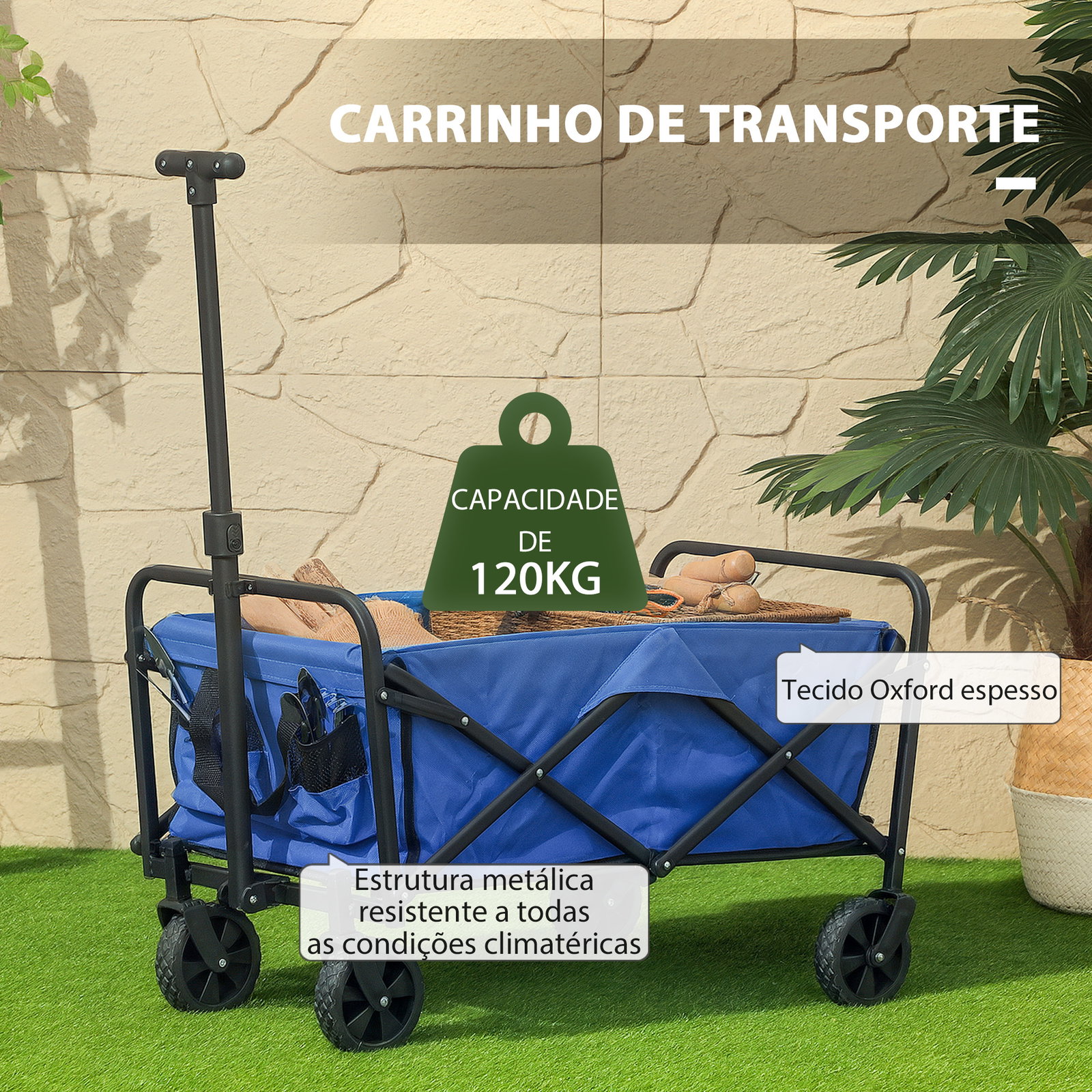 Carrinho de transporte com rodas carrinho de jardim dobrável com pega telescópica ajustável 2 bolsas de arrumação 64x42x27 cm azul