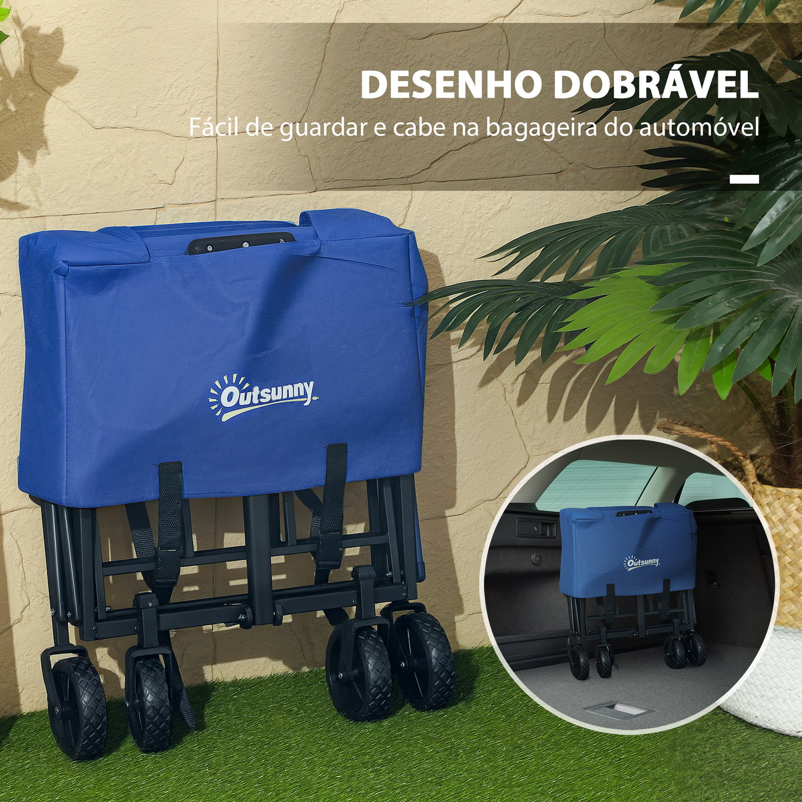 Carrinho de transporte com rodas carrinho de jardim dobrável com pega telescópica ajustável 2 bolsas de arrumação 64x42x27 cm azul