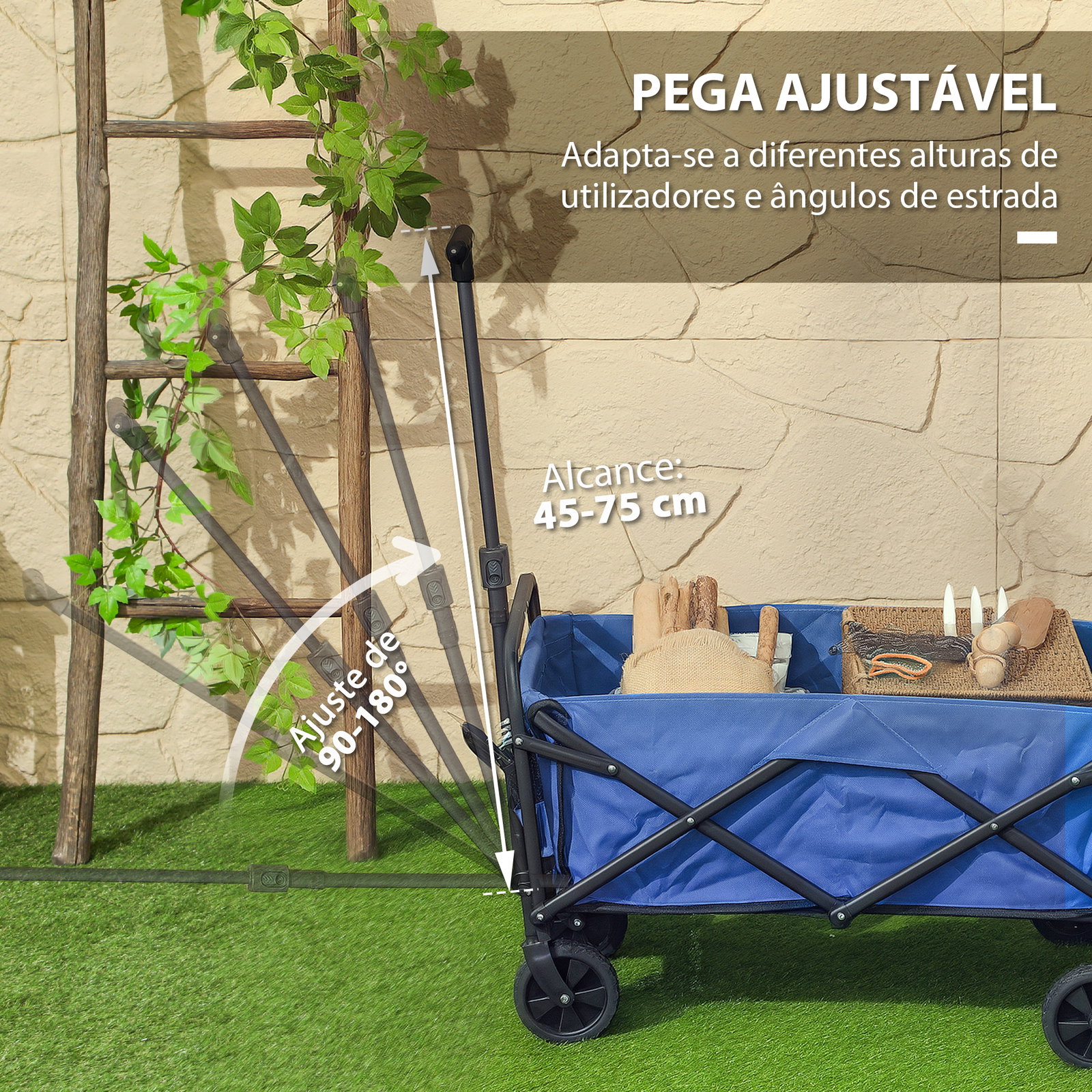 Carrinho de transporte com rodas carrinho de jardim dobrável com pega telescópica ajustável 2 bolsas de arrumação 64x42x27 cm azul