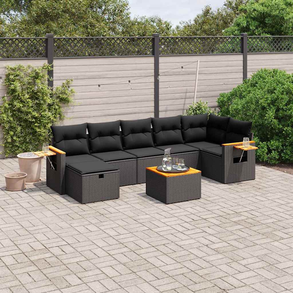 8 Pcs conjunto sofás de jardim com almofadões vime PE preto