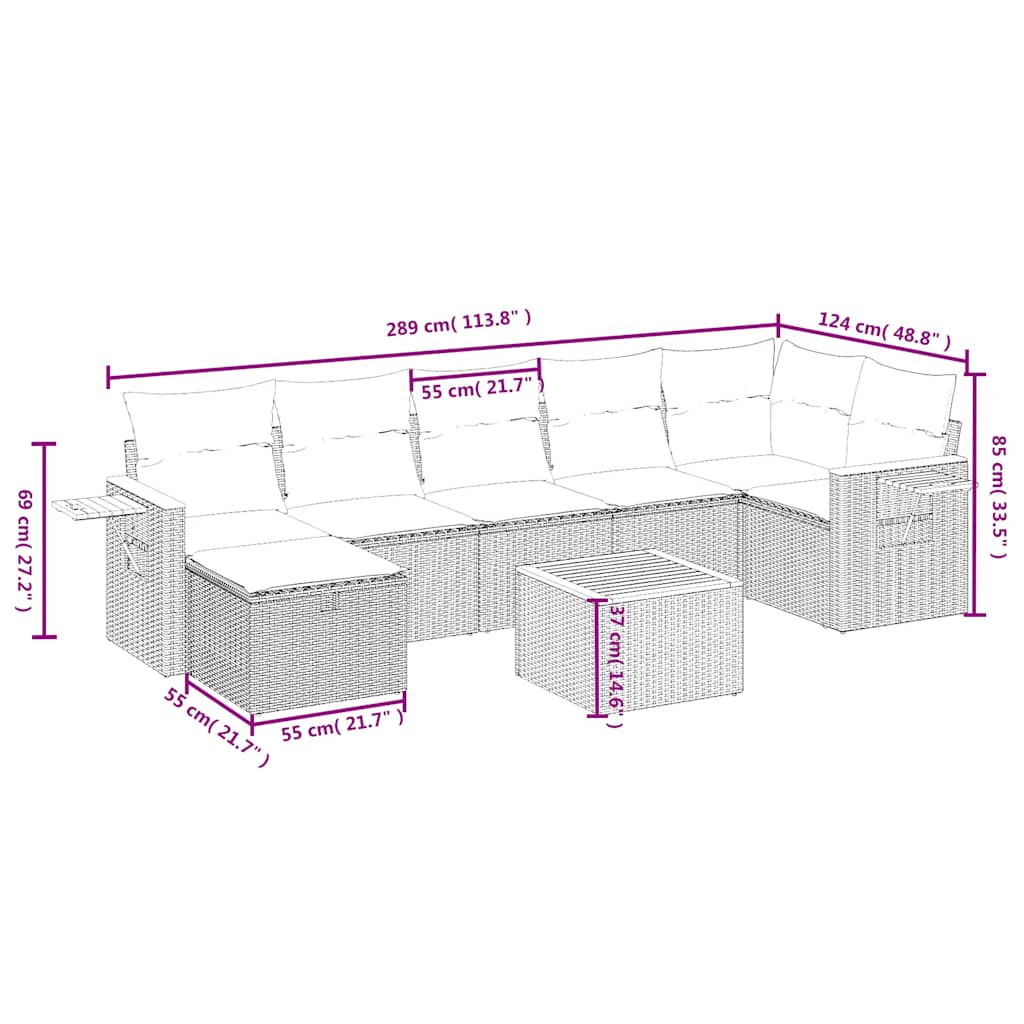 8 Pcs conjunto sofás de jardim com almofadões vime PE preto