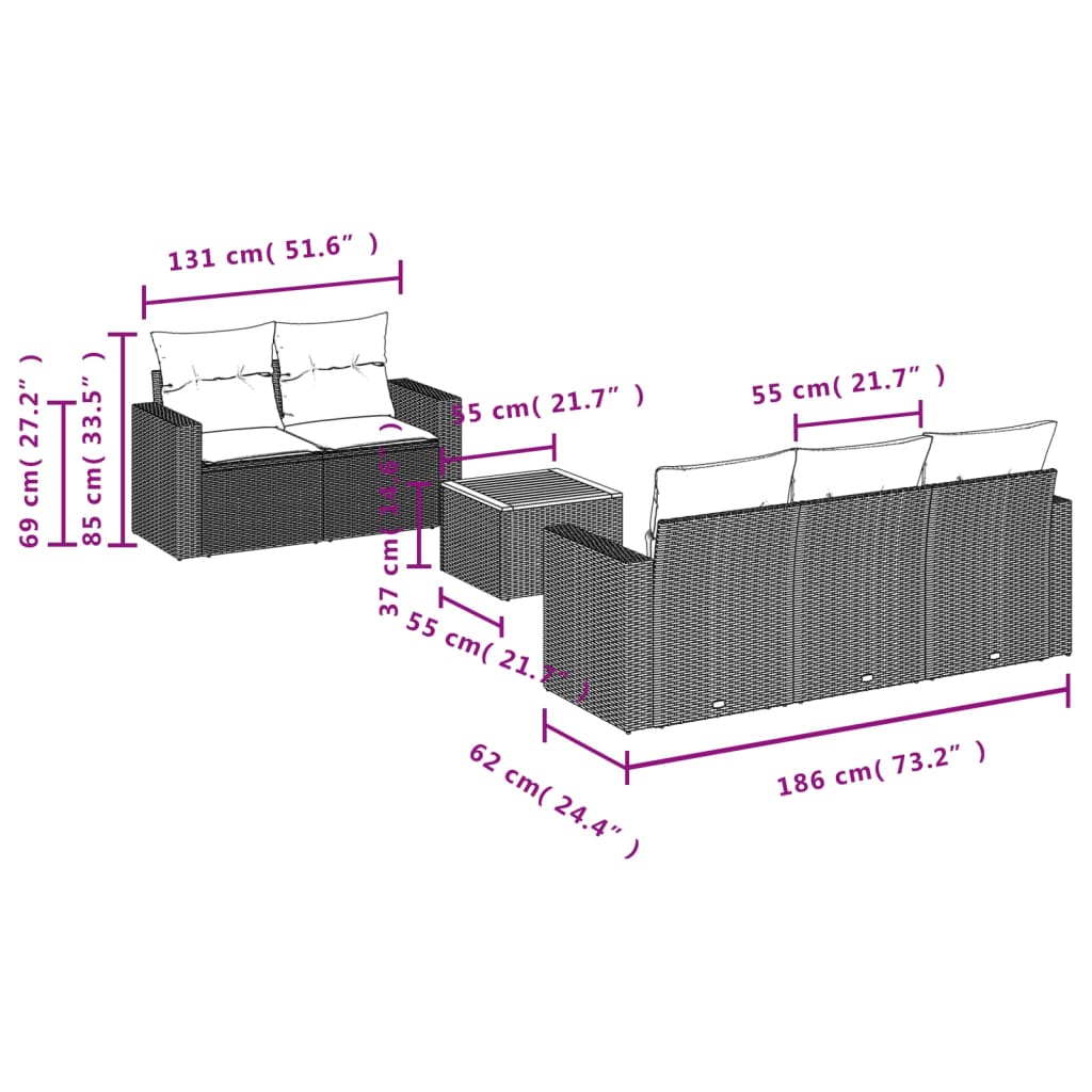 6 Pcs conjunto de sofás p/ jardim com almofadões vime PE bege