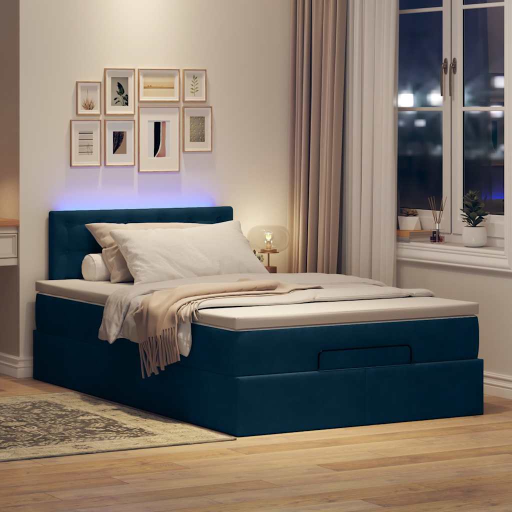 Cama otomana com colchão & leds 120x190cm veludo azul-escuro