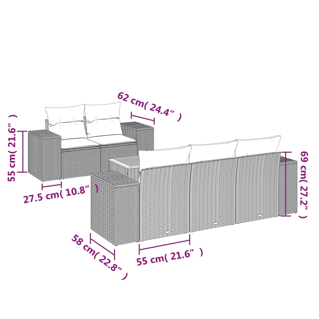 6 Pcs conjunto de sofás p/ jardim com almofadões vime PE bege