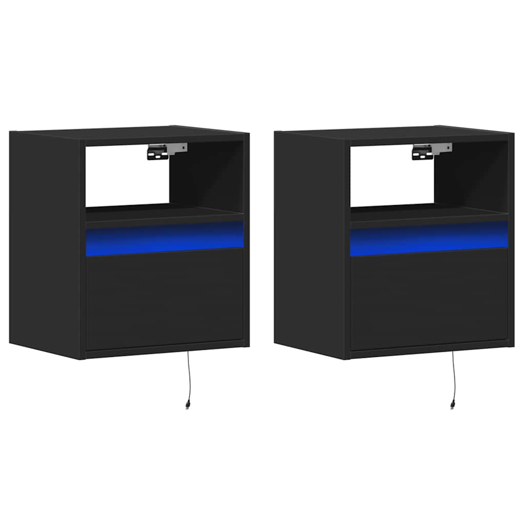 Mesas de cabeceira de parede com luzes LED 2 pcs preto