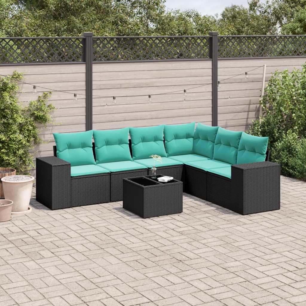 Conjunto de sofá de jardim com 7 peças e almofadas em rattan sintético preto