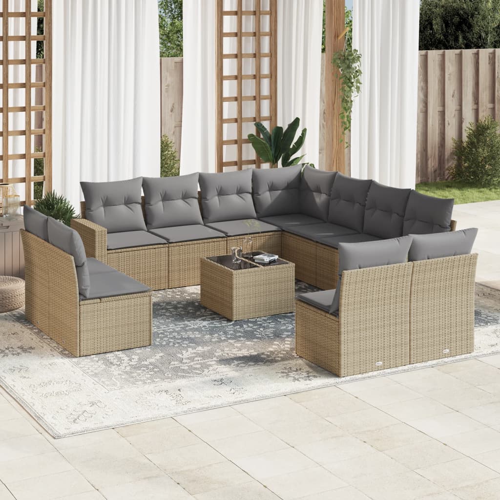 12 Pcs conjunto de sofás p/ jardim com almofadões vime PE bege