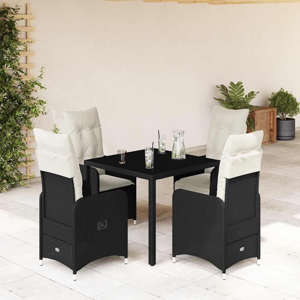 5 Pcs conjunto bistrô de jardim c/ almofadões vime PE preto