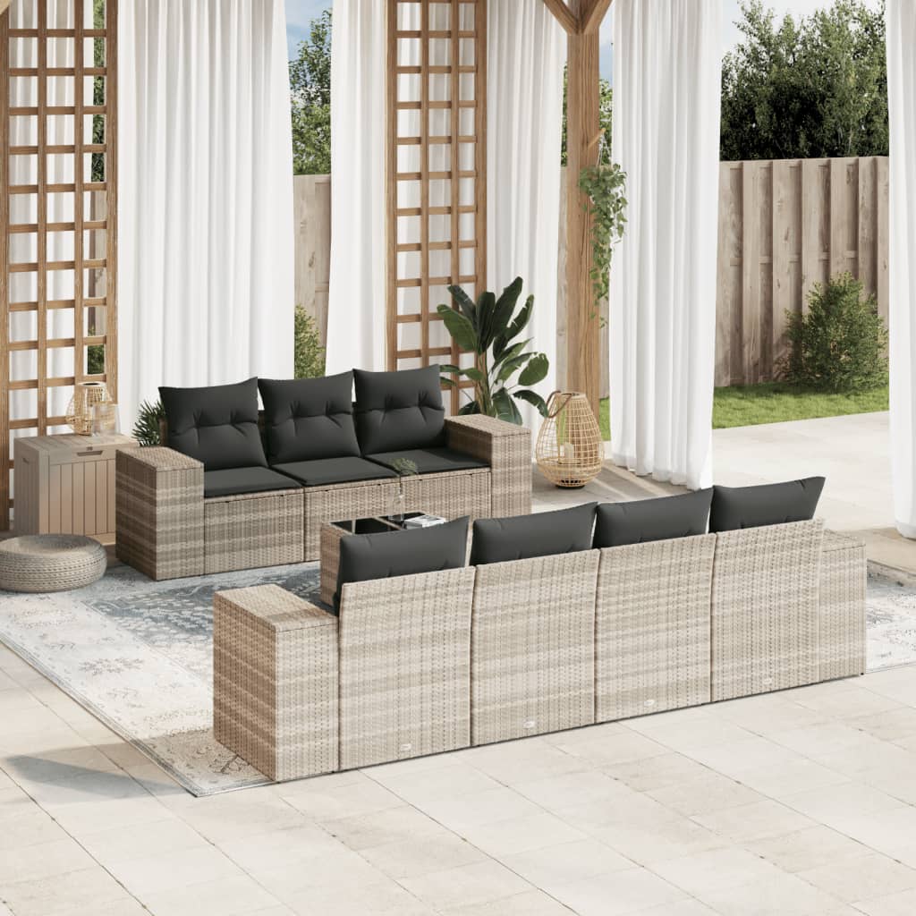 8 Pcs conj. sofás jardim c/ almofadões vime PE cinzento-claro