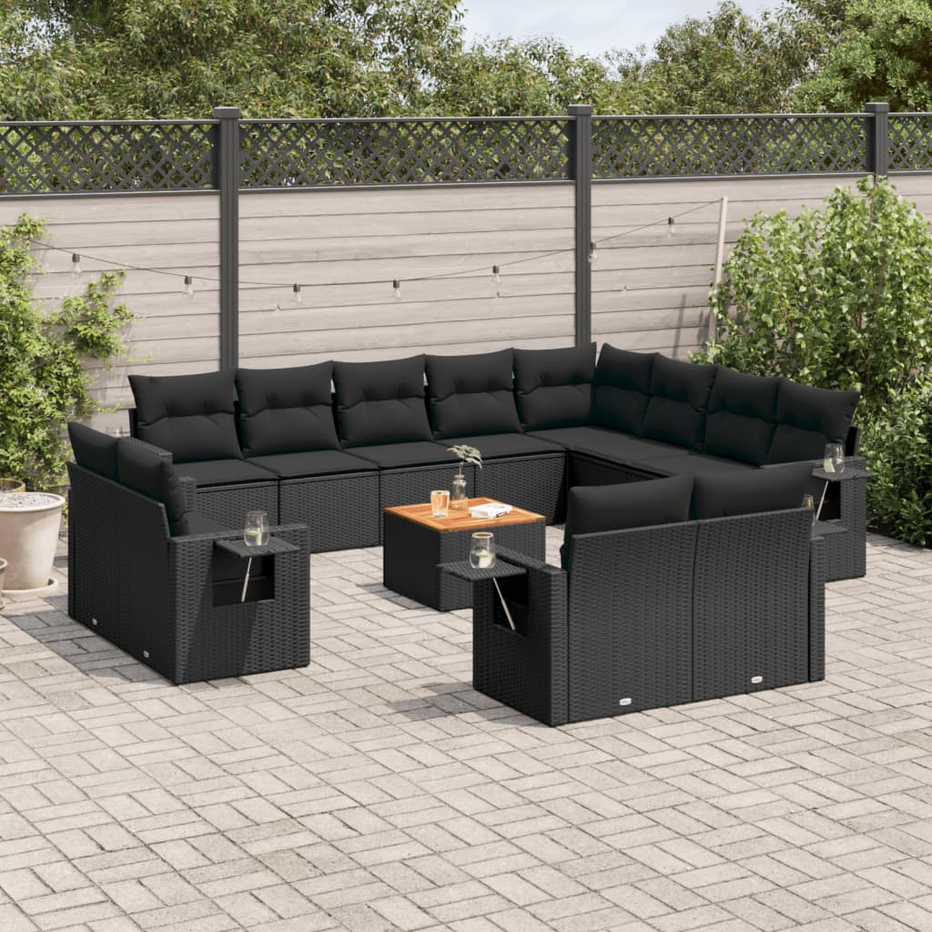 13 Pcs conjunto de sofás de jardim com almofadões vime PE preto