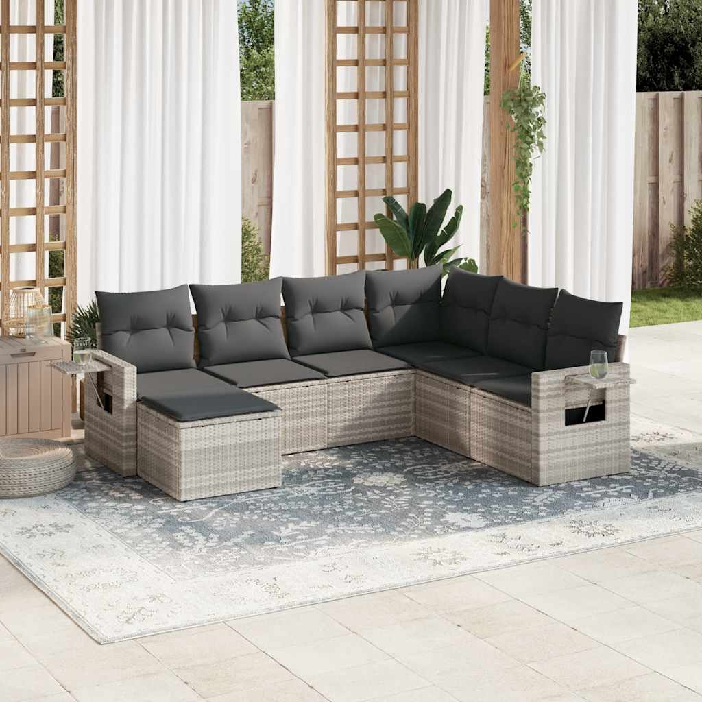7 Pcs conj. sofás jardim com almofadões vime PE cinzento-claro