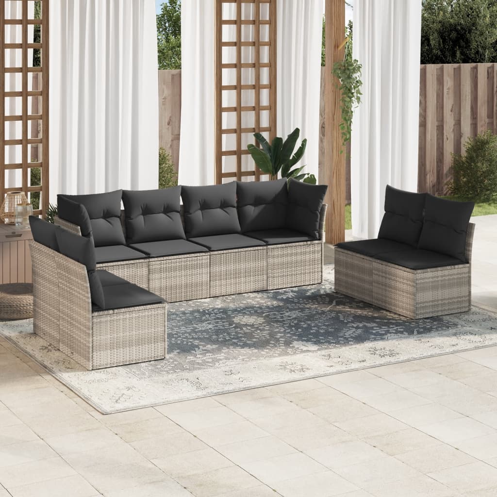 8 Pcs conj. sofás jardim c/ almofadões vime PE cinzento-claro