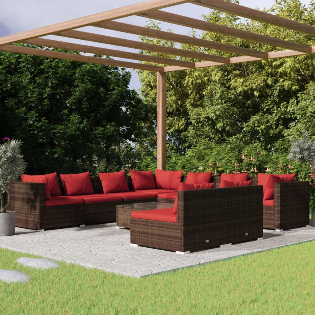 10 Pcs conjunto lounge jardim c/ almofadões vime PE castanho
