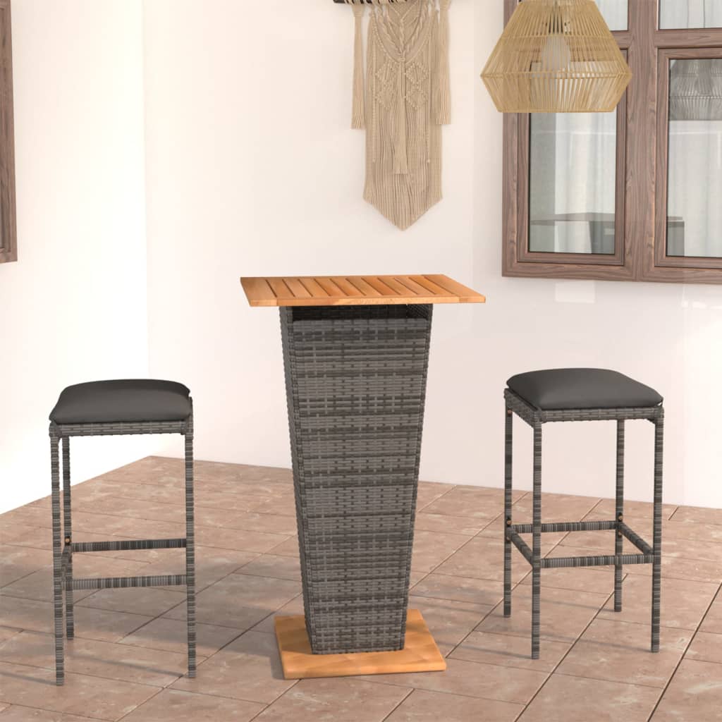 3 Pcs conjunto de bar p/ jardim c/ almofadões vime PE cinzento