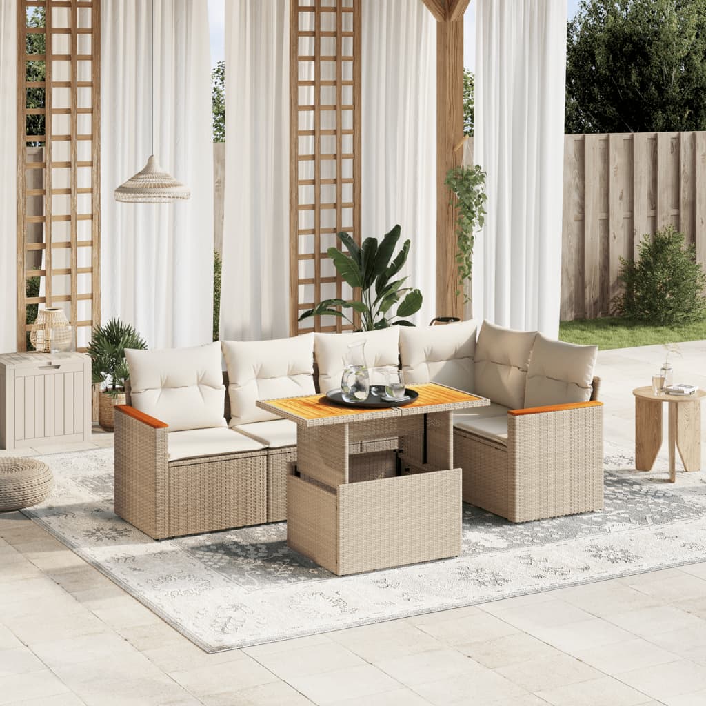 6 Pcs conjunto de sofás p/ jardim com almofadões vime PE bege