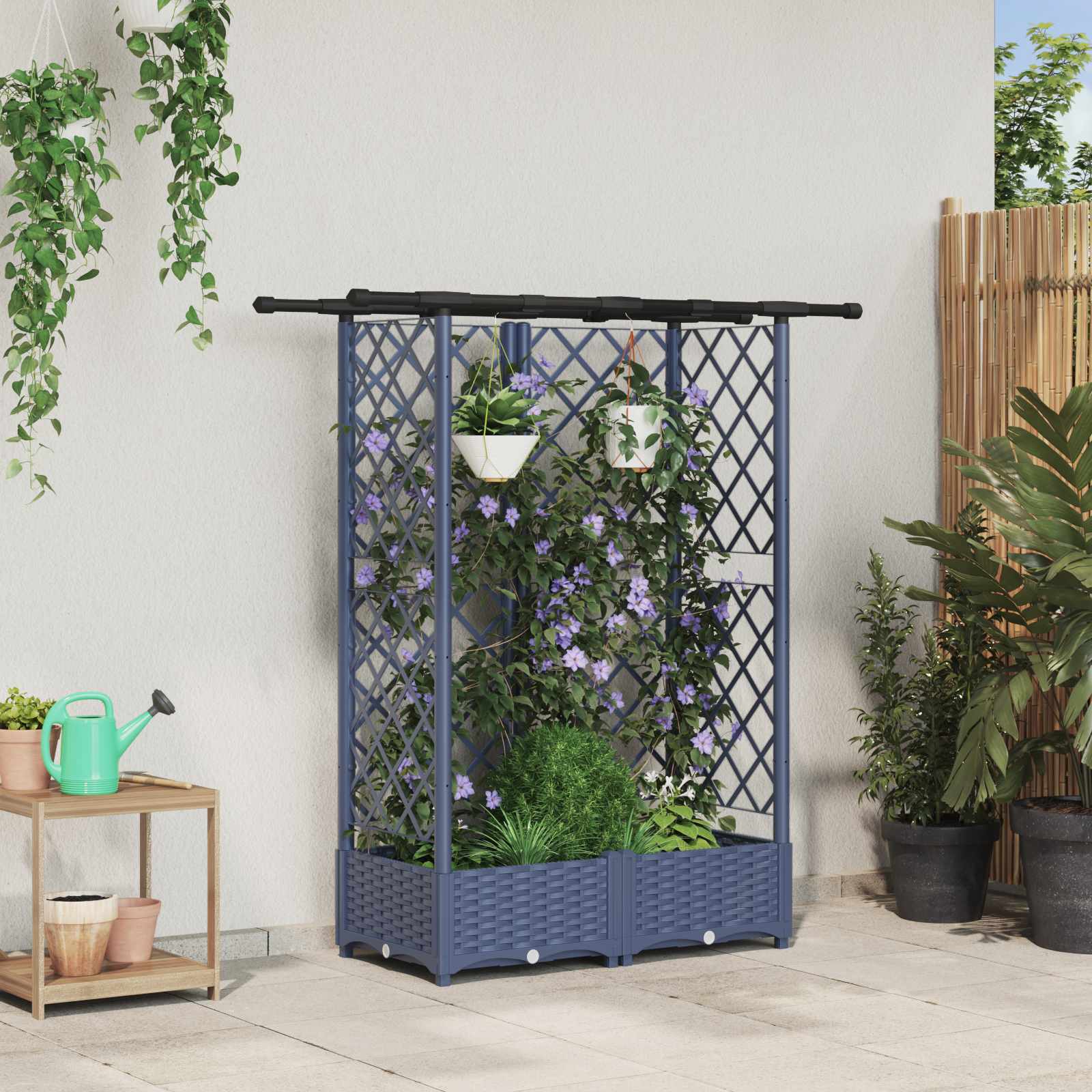 Cama elevada com treliça e telhado cinzento 124 x 40 x 121 cm
