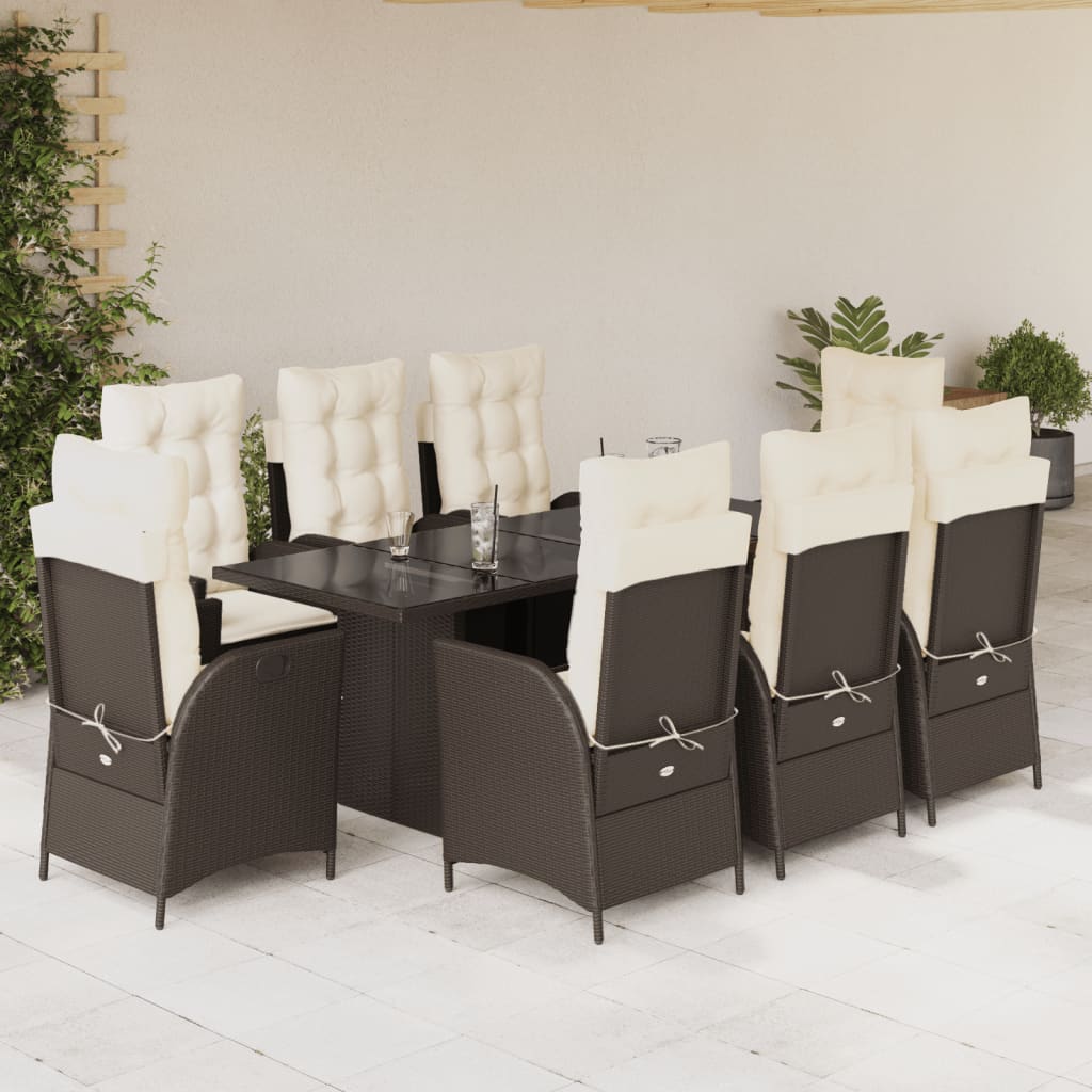 9 Pcs conjunto jantar p/ jardim c/ almofadões vime PE castanho