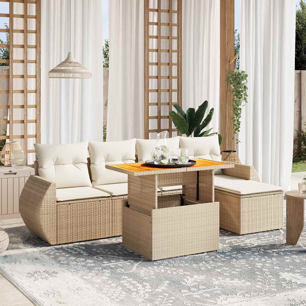 6 Pcs conjunto de sofás p/ jardim com almofadões vime PE bege