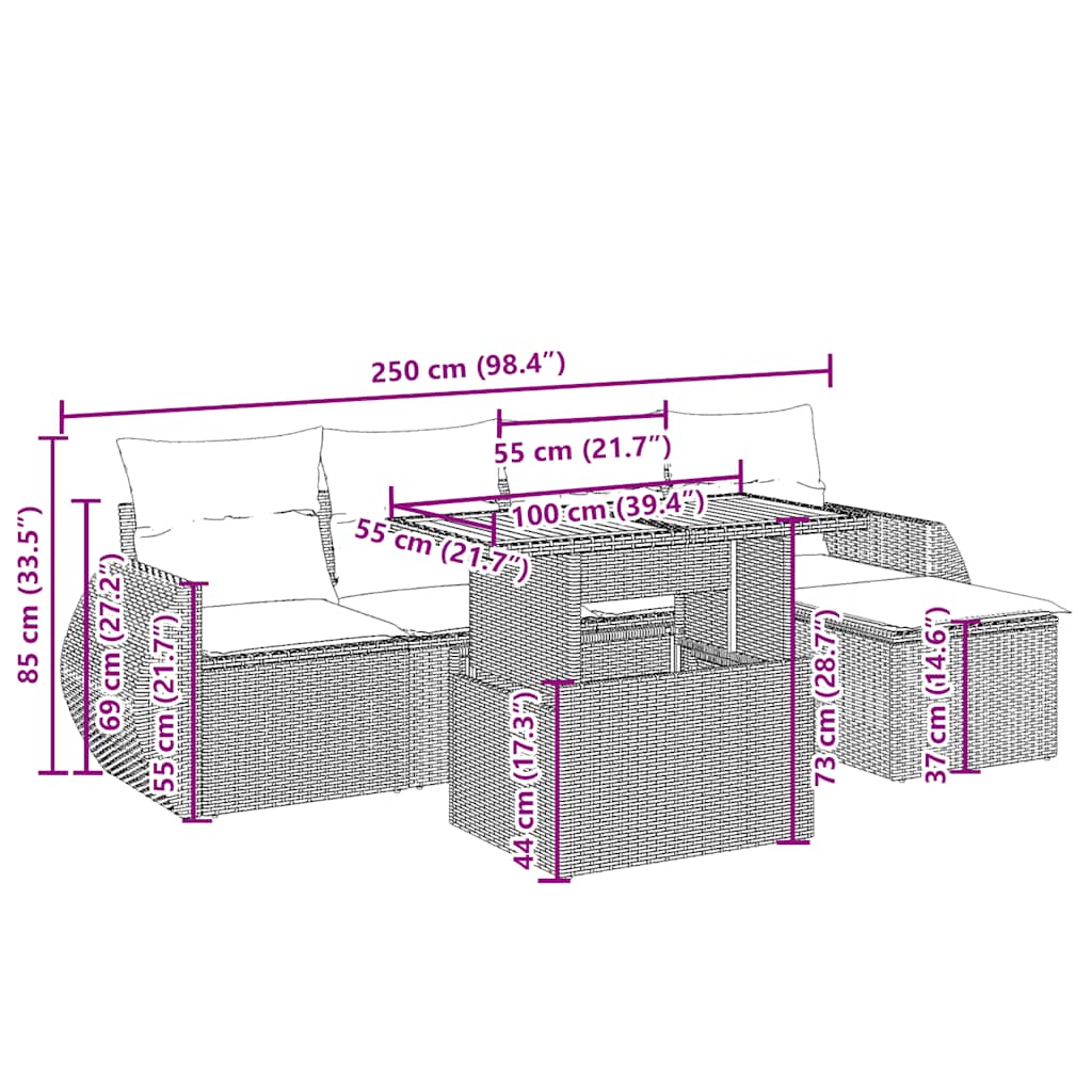 6 Pcs conjunto de sofás p/ jardim com almofadões vime PE bege