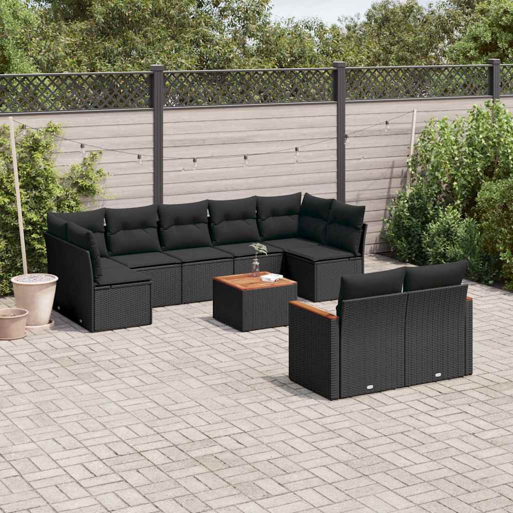 10 Pcs conjunto sofás de jardim c/ almofadões vime PE preto
