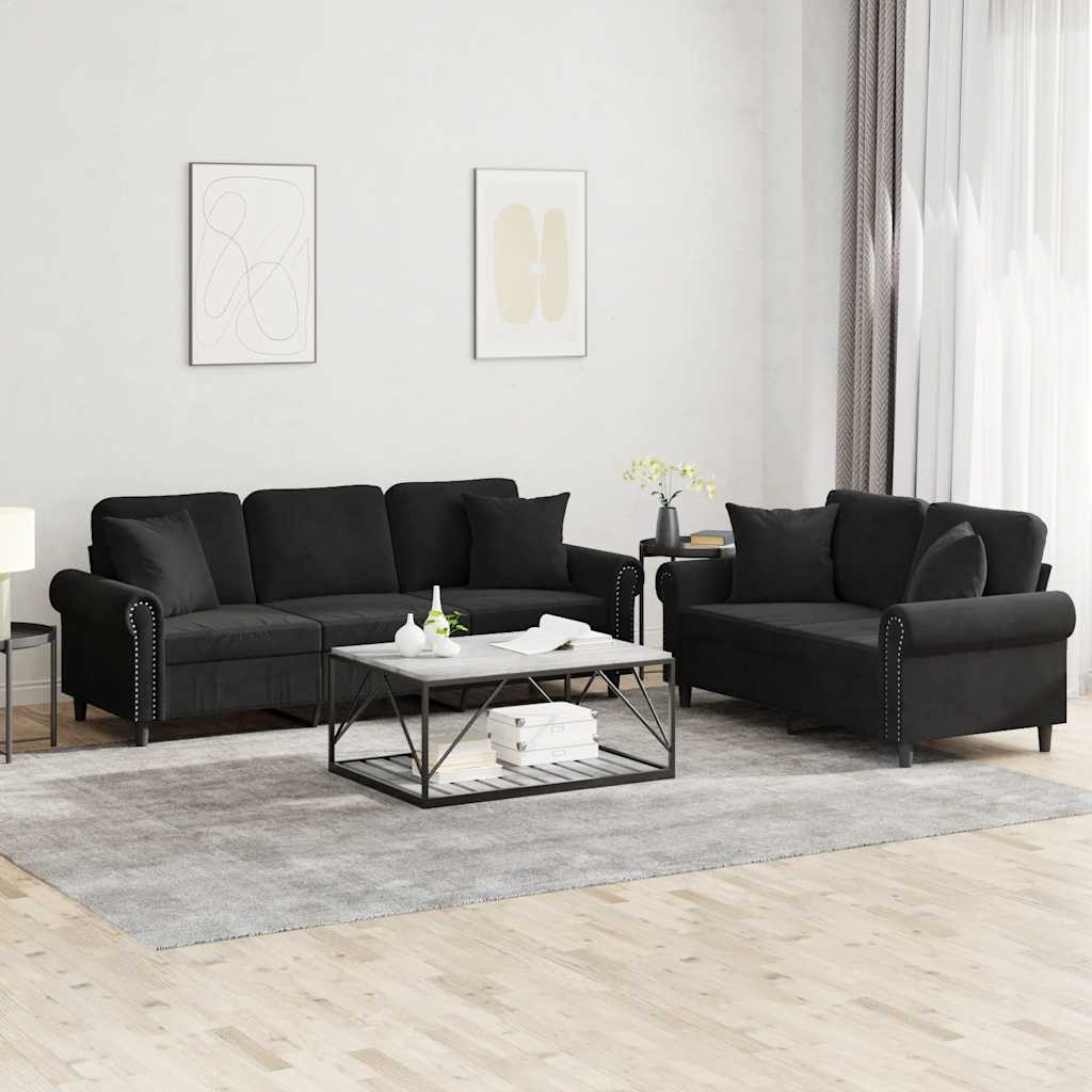 2 Pcs conjunto de sofás com almofadas veludo preto