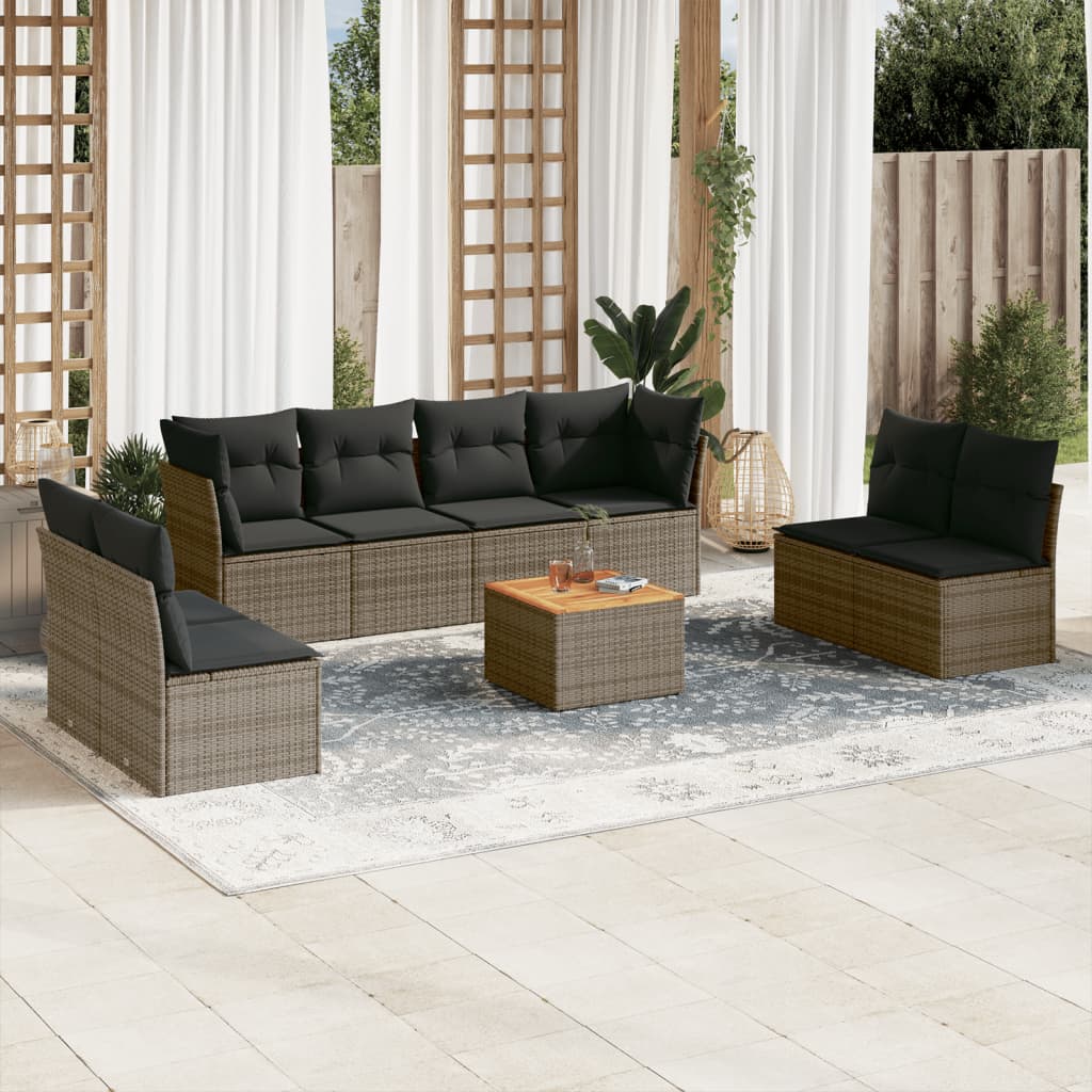 9 Pcs conjunto sofás p/ jardim com almofadões vime PE cinzento