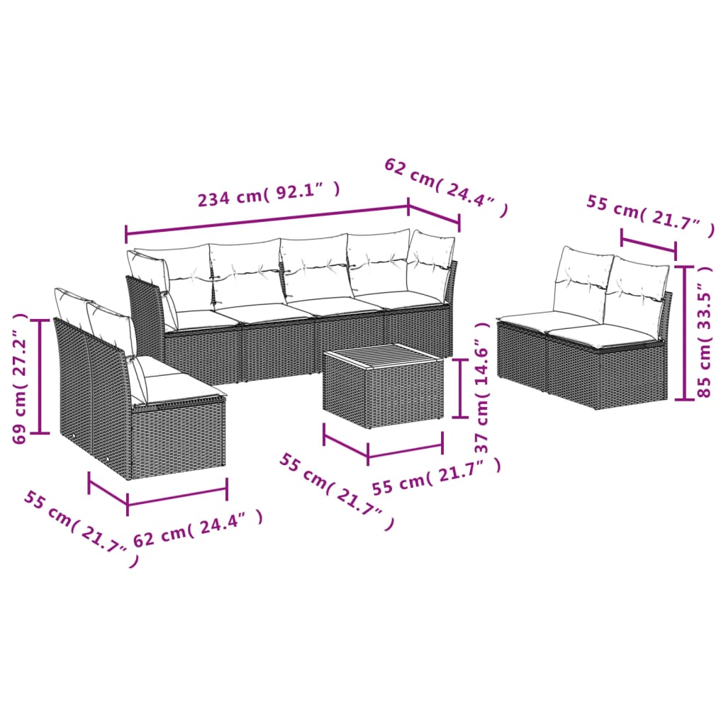 9 Pcs conjunto sofás p/ jardim com almofadões vime PE cinzento