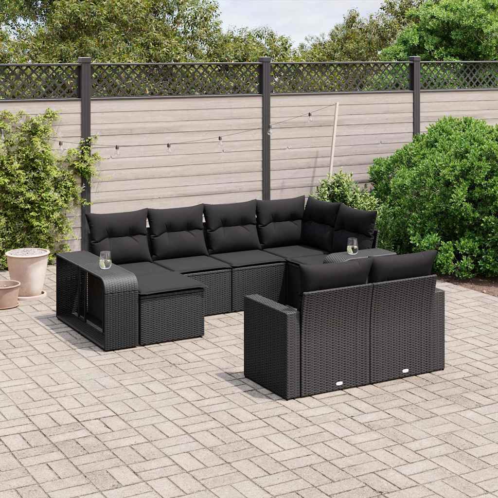 10 Pcs conjunto sofás de jardim c/ almofadões vime PE preto