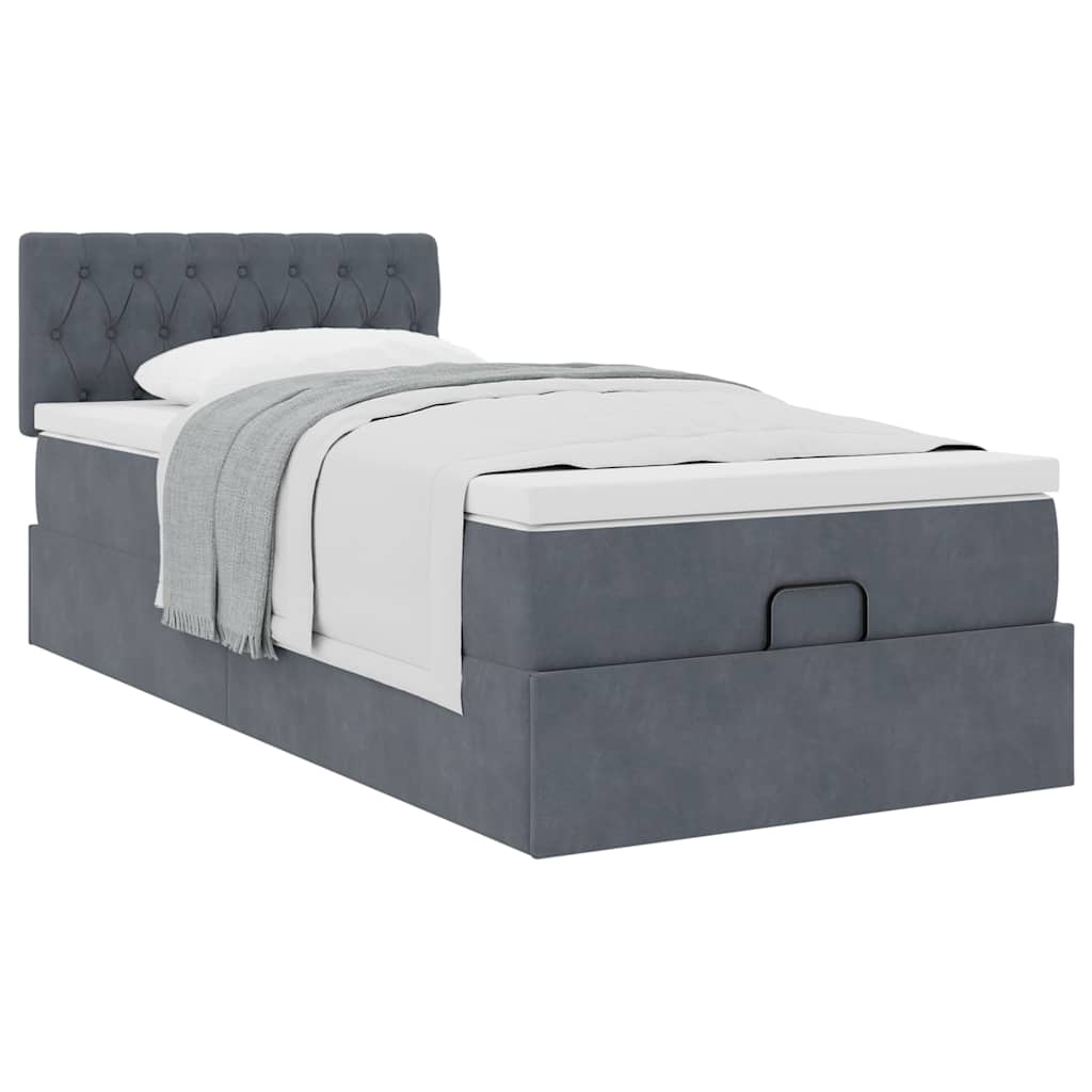 Moldura de cama otomana com colchão cinza escuro veludo