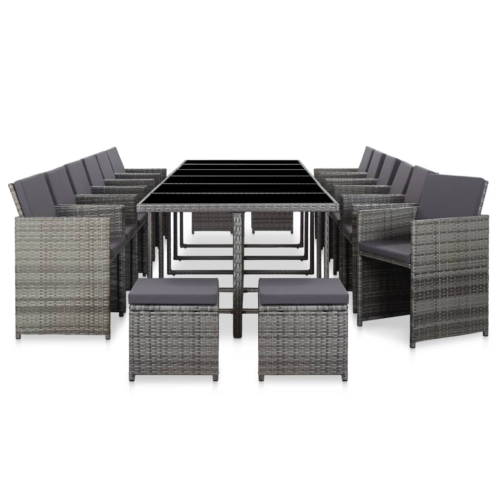 17 Pcs conjunto jantar exterior com almofadões vime PE cinzento