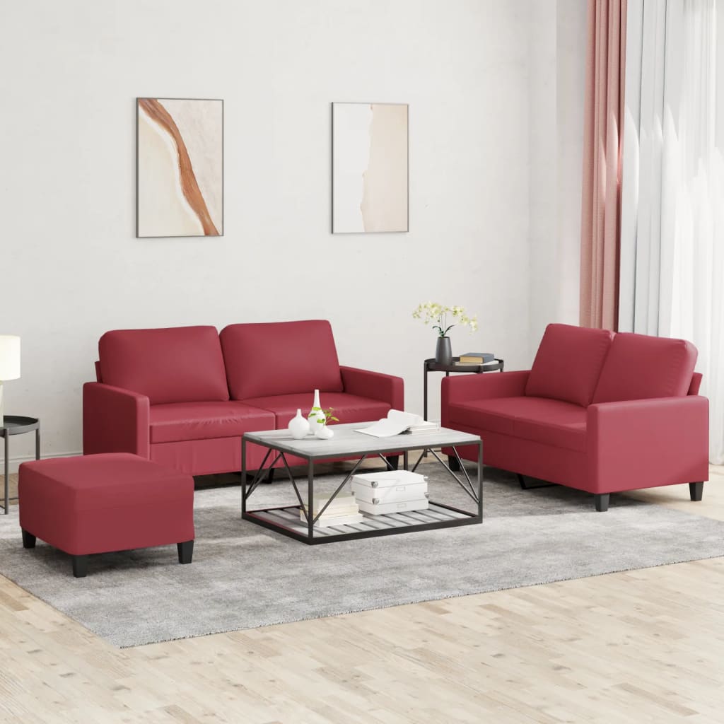 3 Pcs conjunto sofás c/ almofadões couro artif. vermelho tinto