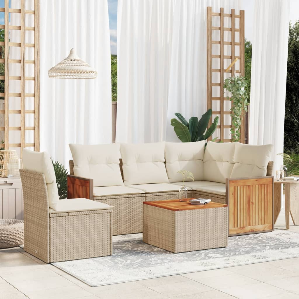 6 Pcs conjunto de sofás p/ jardim com almofadões vime PE bege