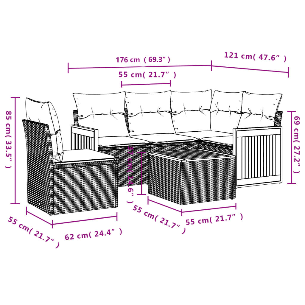 6 Pcs conjunto de sofás p/ jardim com almofadões vime PE bege