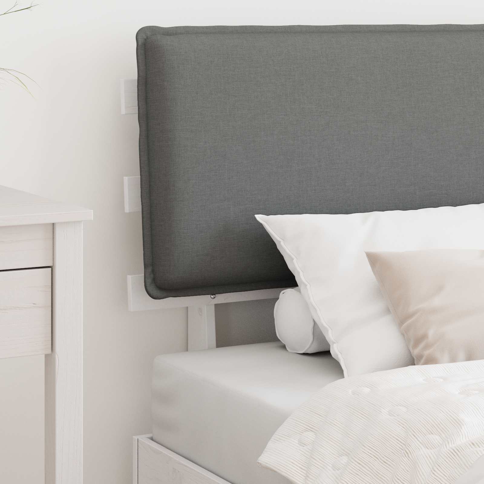 Estrutura de cama com cabeceira estofada cinzento-claro