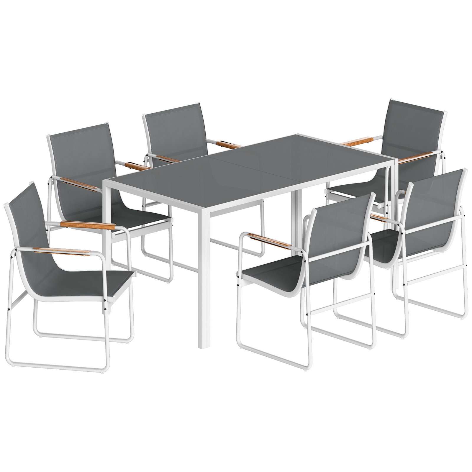 Conjunto de mesa e cadeiras de jardim de 7 peças com mesa de vidro temperado 6 cadeiras e estrutura em aço branco e cinza