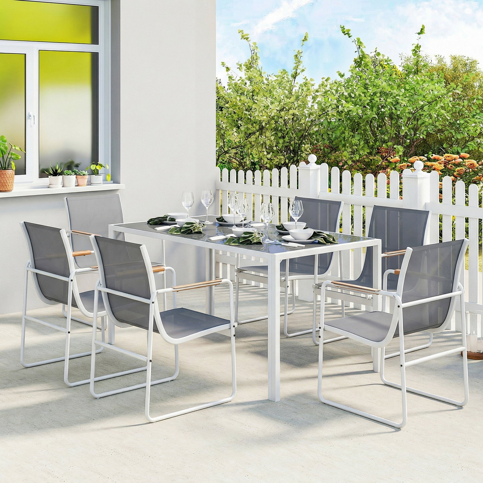 Conjunto de mesa e cadeiras de jardim de 7 peças com mesa de vidro temperado 6 cadeiras e estrutura em aço branco e cinza